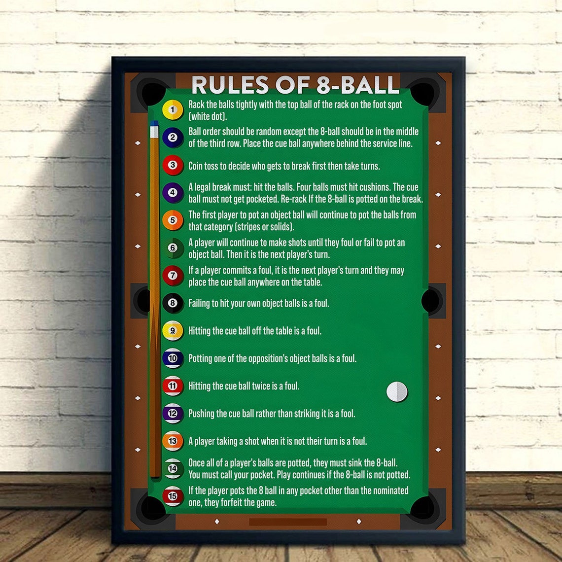 Règles de 8 boules Affiche verticale ou toile Billard à huit Etsy France