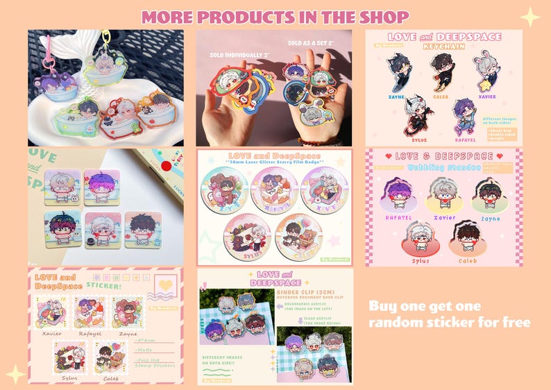May include: A promotional image showcasing various "Love and Deepspace" themed merchandise. The items include keychains, stickers, badges, and binder clips, featuring character illustrations. The image has a peach background with text that reads "More Products in the Shop."