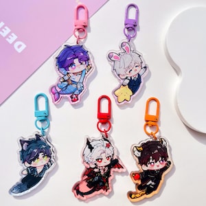 May include: Five acrylic keychains featuring chibi-style anime characters with distinct themes: a purple-haired merman, a white-haired character with bunny ears holding a star, a dark-haired cat-eared figure, a white-haired demon, and a tiger-themed character.