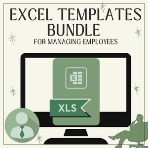 May include: A green computer screen with a green icon of a spreadsheet and the text "XLS" on a green ribbon. The text "EXCEL TEMPLATES BUNDLE FOR MANAGING EMPLOYEES" is at the top of the image.