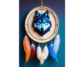 Boho Wolf Dreamcatcher Print: Tribal Spirit Animal Wall Art