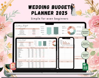 Planificador de presupuesto de boda 2025 Hoja de cálculo / Seguimiento de presupuesto, costos, pagos, lista de verificación y detalles de proveedores / Lista de verificación mensual de bridas y novios.