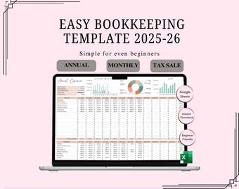 Plantilla de contabilidad sencilla 2025-2026 Herramienta de contabilidad de Google Sheets Seguimiento de impuestos sobre las ventas Mensual y anual Finanzas personales y para pequeñas empresas