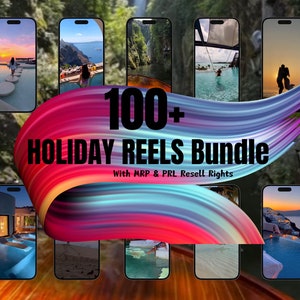 May include: A collage of images showcasing a bundle of 100+ holiday reels. The images feature various scenic locations, including beaches, pools, and sunsets. The text "100+ HOLIDAY REELS Bundle" is displayed in a large font, with the words "With MRP & PRL Resell Rights" in smaller font below.