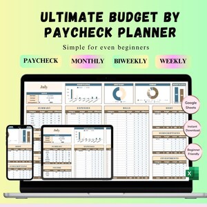 Op de afbeelding: Een laptopcomputer die een Google Sheets-spreadsheet weergeeft met een budgetplanner voor juli. De spreadsheet is verdeeld in secties voor loonstrook, maandelijkse, tweewekelijkse en wekelijkse budgetten. De spreadsheet is gelabeld "Ultimate Budget by Paycheck Planner" en "Eenvoudig voor zelfs beginners".