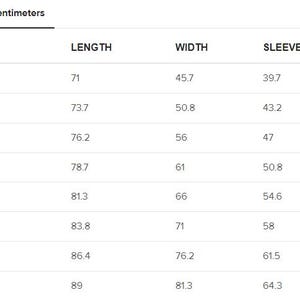 May include: Size chart showing measurements in inches and centimeters for a garment. The chart includes sizes S through 5XL with corresponding length, width, and sleeve length measurements.