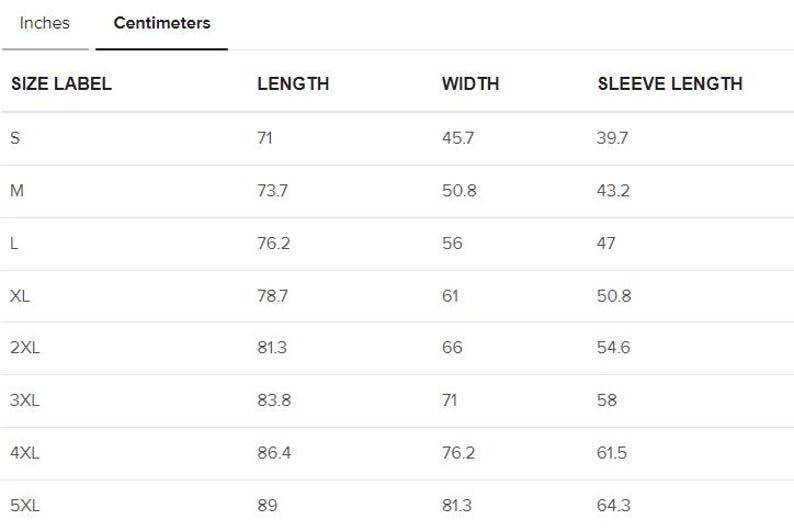 May include: Size chart showing measurements in inches and centimeters for a garment. The chart includes sizes S through 5XL with corresponding length, width, and sleeve length measurements.