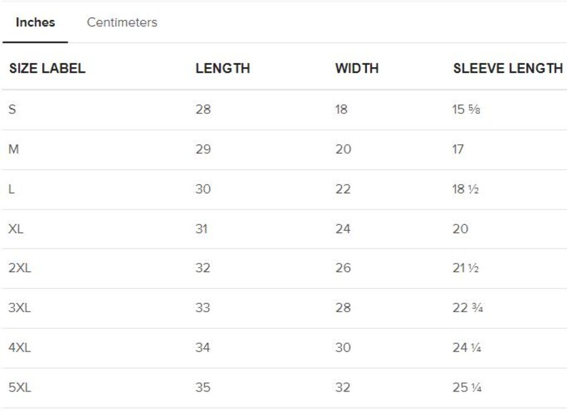 May include: Size chart showing measurements in inches for a shirt, including length, width, and sleeve length. Sizes range from S to 5XL.
