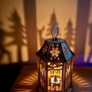 Winter lantern made of wood, wooden lantern