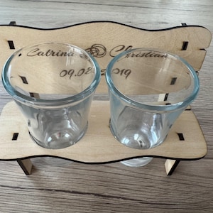 schnapps bench with two shot glasses