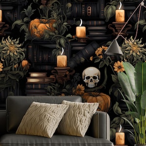 Dark Gothic Wallpaper with Candles,Floral Skulls Mural Peel and Stick,Mystic Night Wall Decor, Halloween Mural with Pumpkins,Forest Plants