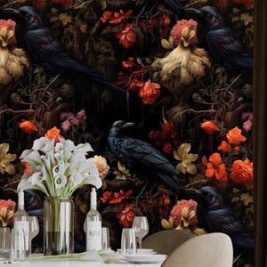 Gothic Wallpaper with Crows,Dark Floral Mural Peel and Stick,Moody Wall Decor,Night Wall Art with Corvi Self-adhesive,Flowers Wallpaper