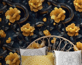 Floral Serpents Wallpaper,Snakes and Flowers Mural Peel & Stick,Dark Gothic Botanical Wall Decor