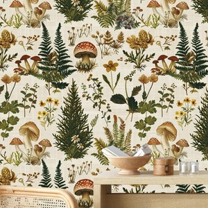 Murale con piante della foresta con funghi, carta da parati botanica staccabile e attaccabile, decorazione murale con erbe autunnali, carta da parati con pino, margherite e felci, murale floreale