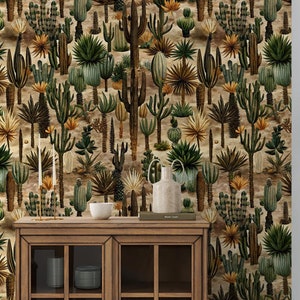 Carta da parati vintage con cactus, murale con piante del deserto da staccare e attaccare, decorazione murale con motivo succulento senza soluzione di continuità, arte murale con erbe esotiche verdi autoadesiva