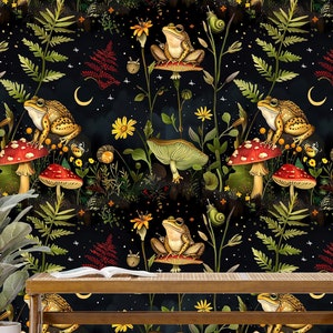 Dunkle botanische Tapete, Pilz-Wandbild schälen und aufkleben, Waldpflanzen-Wanddekor, Farn- und Frosch-Wandkunst, mystische Tapete auf schwarzem Hintergrund
