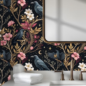 Dark Gothic Wallpaper with Crows,Floral Mural Peel and Stick,Mystic Night Wall Decor,Mysterious Flowers Wallpaper,Wizard wall Art Removable
