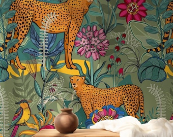 Tropical Wallpaper with Cheetah,Wild Animal Mural Peel and Stick,Botanical Wall Decor,Floral Pattern Wall Art,Exotic Forest Plants Mural