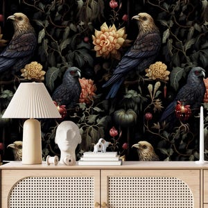 Gothic Wallpaper with Birds,Dark Floral Mural Peel and Stick,Moody Flowers Wall Decor,Night Wall Art with Corvi,Botanical Mystical Wallpaper