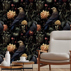 Gothic Wallpaper with Birds,Dark Floral Mural Peel and Stick,Moody Flowers Wall Decor,Night Wall Art with Corvi,Botanical Mystical Wallpaper