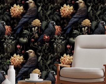 Papel tapiz gótico con pájaros, mural floral oscuro autoadhesivo, decoración de pared con flores melancólicas, arte mural nocturno con corvi, papel tapiz botánico místico.
