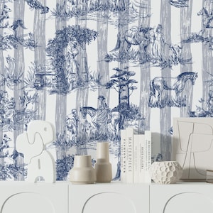 French Toile Mural,Blue Toil de Jouy Wallpaper Peel and Stick,Neutral Bathroom Wallpaper,Countryside Wall Decor,Farmhouse Bedroom Wall Art