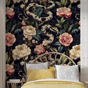 Serents Wallpaper,Snakes and Flowers Mural Peel and Stick,Dark Gothic Wall Decor,Botanical Mural on Black Background,Forest Plants Wall Art