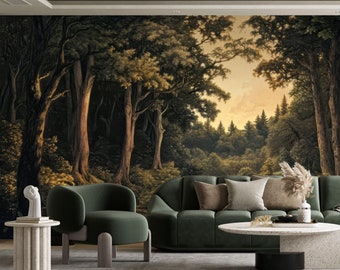 Vintage Trees Wallpaper Peel and Stick,Serene Forest Landscape Mural,Pastoral Scene Wall Decor,Natural Victorian Wall Art Old Style