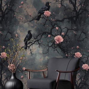 Dark Floral Gothic Wallpaper with Crows,Mystic Flowers Mural Peel and Stick,Night Wall Decor,Mysterious Black Background,Wizard wallpaper