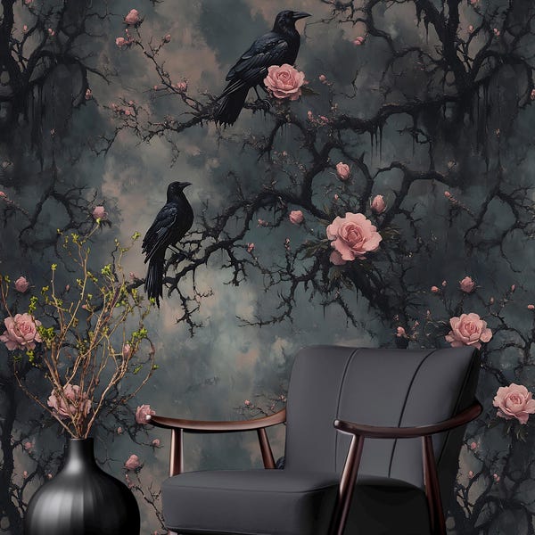 Papel pintado gótico floral oscuro con cuervos, mural de flores místicas autoadhesivo, decoración de pared nocturna, fondo negro misterioso, papel pintado de mago
