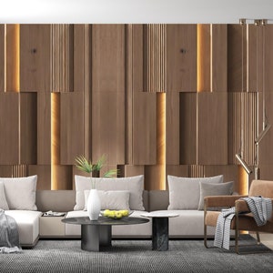 Holzplatten Wandbild, Dunkelbraun Geometrische Tapete Schälen und Aufkleben, 3D Gestreiftes Büro Wandbild, Luxuriöse Moderne Schlafzimmer Wandkunst