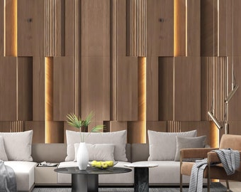 Wooden Panels Mural,Dark Brown Geometric Wallpaper Peel and Stick,3D Striped Office Mural,Luxury Modern Bedroom Wall Art