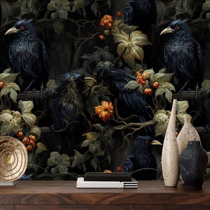 Gothic Wallpaper with Crows,Dark Floral Mural Peel and Stick,Moody Wall Decor,Night Wall Art with Corvi Self-adhesive,Flowers Wallpaper