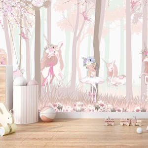 Carta da parati con unicorno da staccare e attaccare, murale per bambini con fiori rosa, decorazione floreale per la stanza delle bambine, arte murale per la stanza dei bambini con foresta magica, murale primaverile