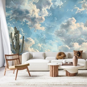 Carta da parati adesiva con cielo blu, murale con nuvole bianche, decorazione da parete con paesaggio nuvoloso luminoso, arte da parete con cielo sereno, carta da parati con nuvole soffici in tessuto non tessuto