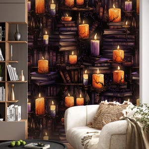 Dark Gothic Wallpaper with Candles,Mystic Night Mural Peel and Stick,Books Wall Decor,Mysterious Black Background Wallpaper,Wizard wall Art