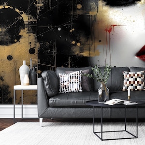 Carta da parati astratta donna oro nero, murale ritratto femminile, decorazione da parete alla moda, arte da parete di bellezza mozzafiato, carta da parati elegante personalizzata