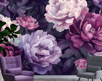 Purple Pink Peony Wallpaper Peel and Stick,Big Lilac Flower Mural,Floral Wall Decor,Exotic Forest Plants Wall Art,Botanical Wallpaper