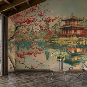 Carta da parati vintage con paesaggio cinese, murale con giardino giapponese, decorazione murale con fiori di ciliegio, arte murale con pagoda cinese, carta da parati con fiori antichi