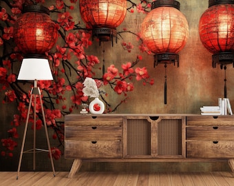 Tapeta z chińskimi lampionami, fototapeta z kwiatami wiśni w stylu chinoiserie, dekoracja ścienna z teksturą w stylu vintage