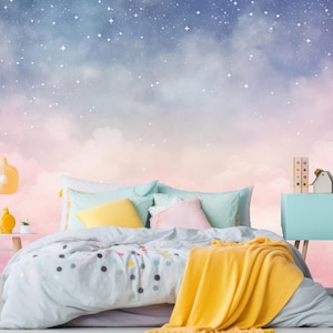 Carta da parati adesiva con cielo rosa per bambini, murale con nuvole viola per la cameretta dei bambini, decorazione da parete con cielo stellato per la cameretta dei bambini, arte murale pastello