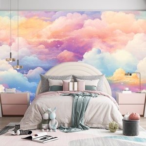 Carta da parati adesiva con cielo colorato per bambini, murale con nuvole arcobaleno per la cameretta dei bambini, decorazione da parete per la cameretta dei bambini, arte murale pastello