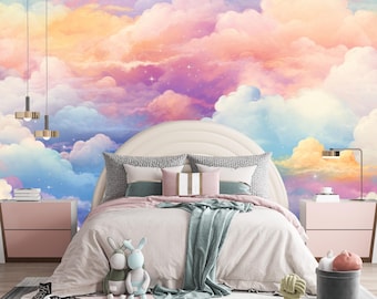 Carta da parati adesiva con cielo colorato per bambini, murale con nuvole arcobaleno per la cameretta dei bambini, decorazione da parete per la cameretta dei bambini, arte murale pastello