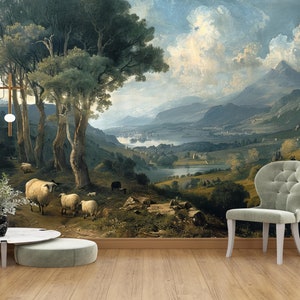 Carta da parati pastorale staccabile e attaccabile, murale con paesaggio rurale, decorazione murale con scena di montagna vintage con alberi e fiume, murale naturale per camera da letto vittoriana