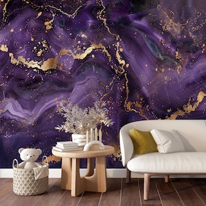 Purple Gold Marble Wallpaper,Lilac Ink Mural,Abstract Wall Decor Peel and Stick,Modern Luxury Golden Wall Art Non-woven,Bathroom Wallpaper