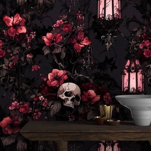 Dark Gothic Wallpaper with Skull,Floral Mural Peel and Stick,Red Flowers and Butterflies Wall Decor,Mysterious Black Background Wallpaper image 1