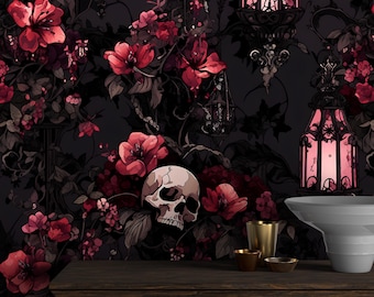 Dark Gothic Wallpaper with Skull,Floral Mural Peel and Stick,Red Flowers and Butterflies Wall Decor,Mysterious Black Background Wallpaper