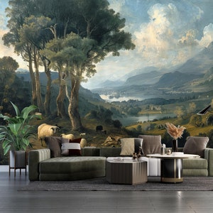 Pastoral Wallpaper Peel and Stick,rural Landscape Mural,vintage ...