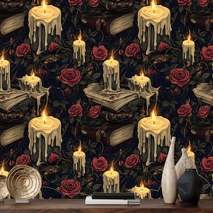 Gothic Wallpaper with Candles,Harry Potter Style Mural,Dark Floral Peel and Stick Wall Decor,Red Flowers and Books Wall Art,Mysterious Mural