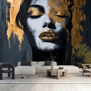 Abstract Woman Wallpaper Peel and Stick,Modern Black Gold Face Mural,Female Portrait Wall Art,Luxury Fashion Wallpaper with Golden Paintings